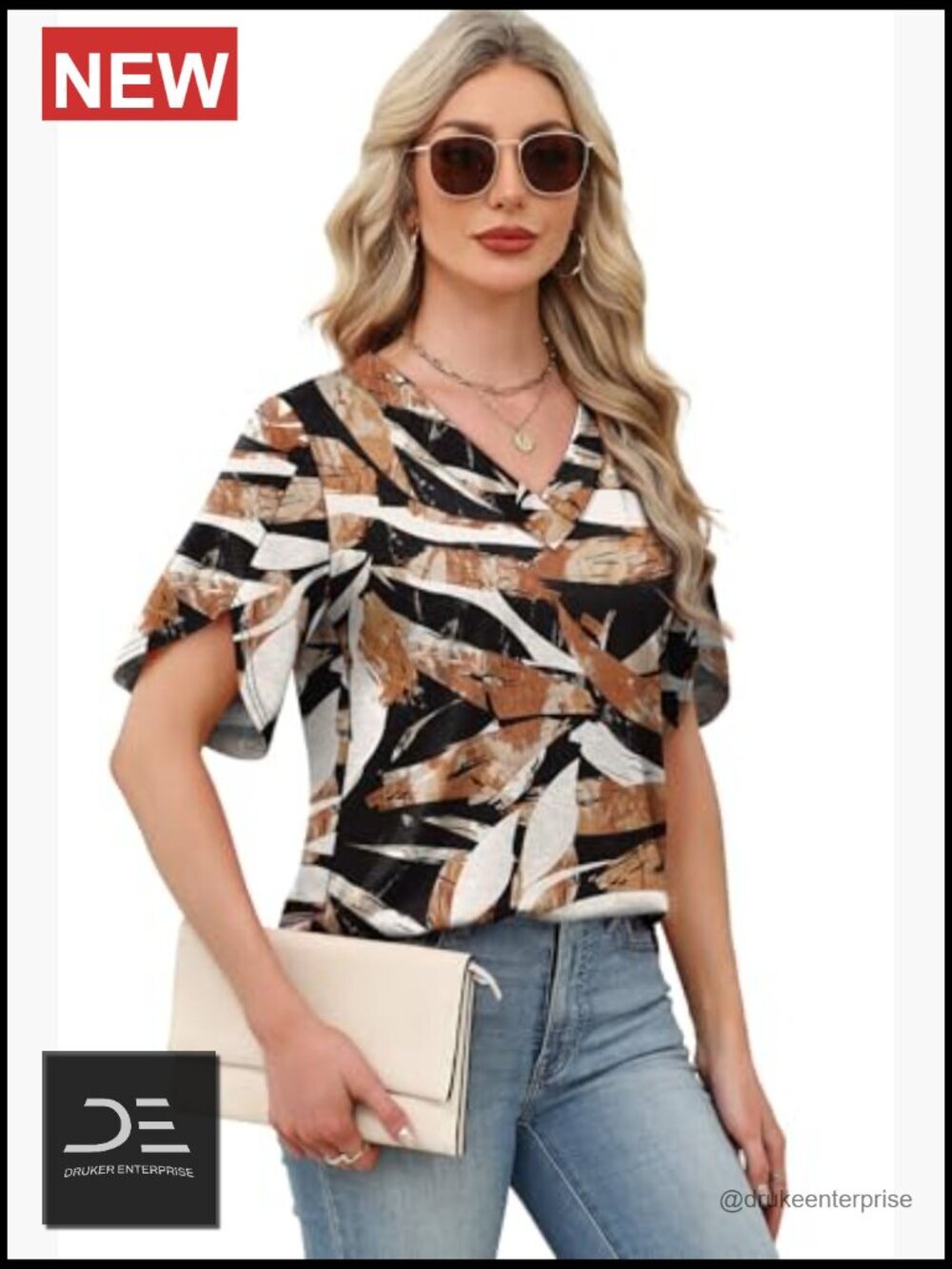 Women's Short Petal Sleeve V-Neck Blouse - Loose Fit Summer Top - Picture 4 of 7
